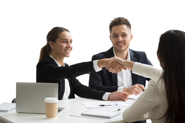 HR representatives positively greeting female job candidate